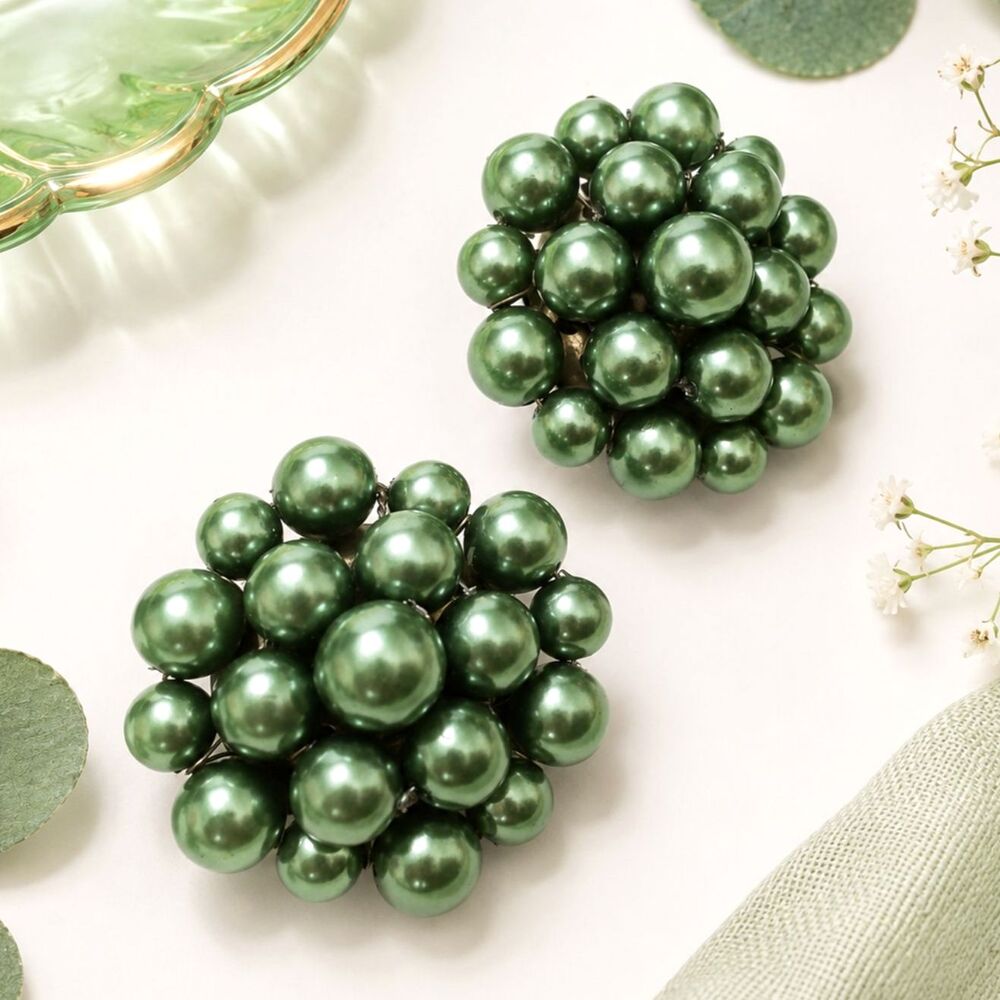 Vintage Japan Green Bead Cluster Clip On Earrings Mid Century 1 Inch